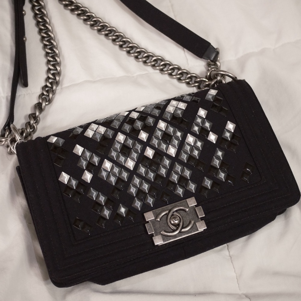 CHANEL Mosaic Boy Flap Bag Embellished Wool Old Medium